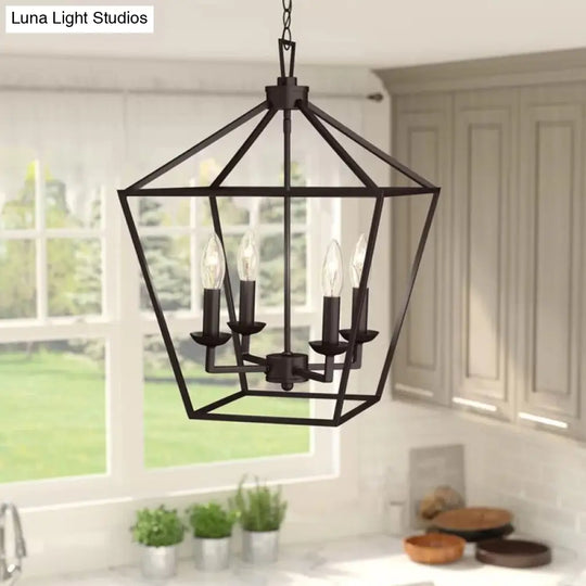 Vintage Iron Trapezoid Pendant Light Fixture - 4 Bulbs Black Kitchen Ceiling Chandelier