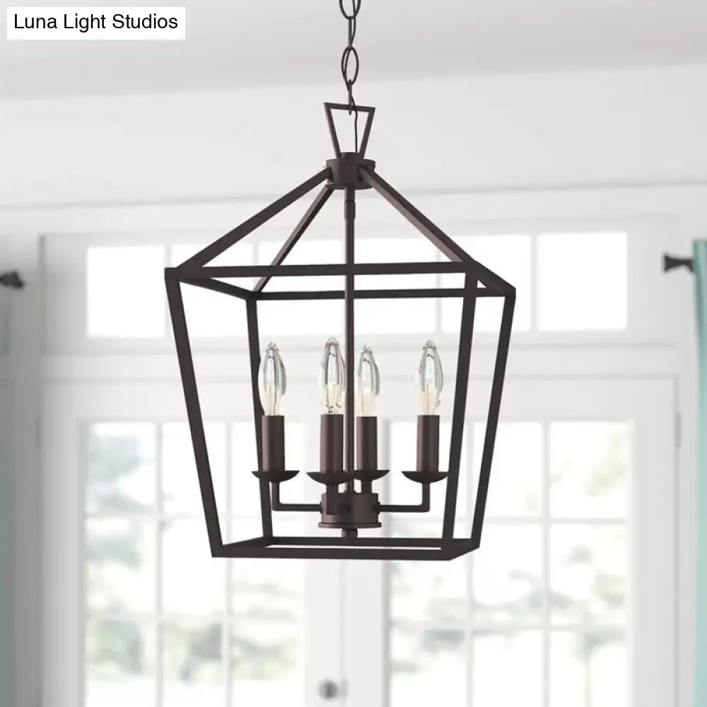 Vintage Iron Trapezoid Pendant Light Fixture With 4 Bulbs For Kitchen Ceiling Black