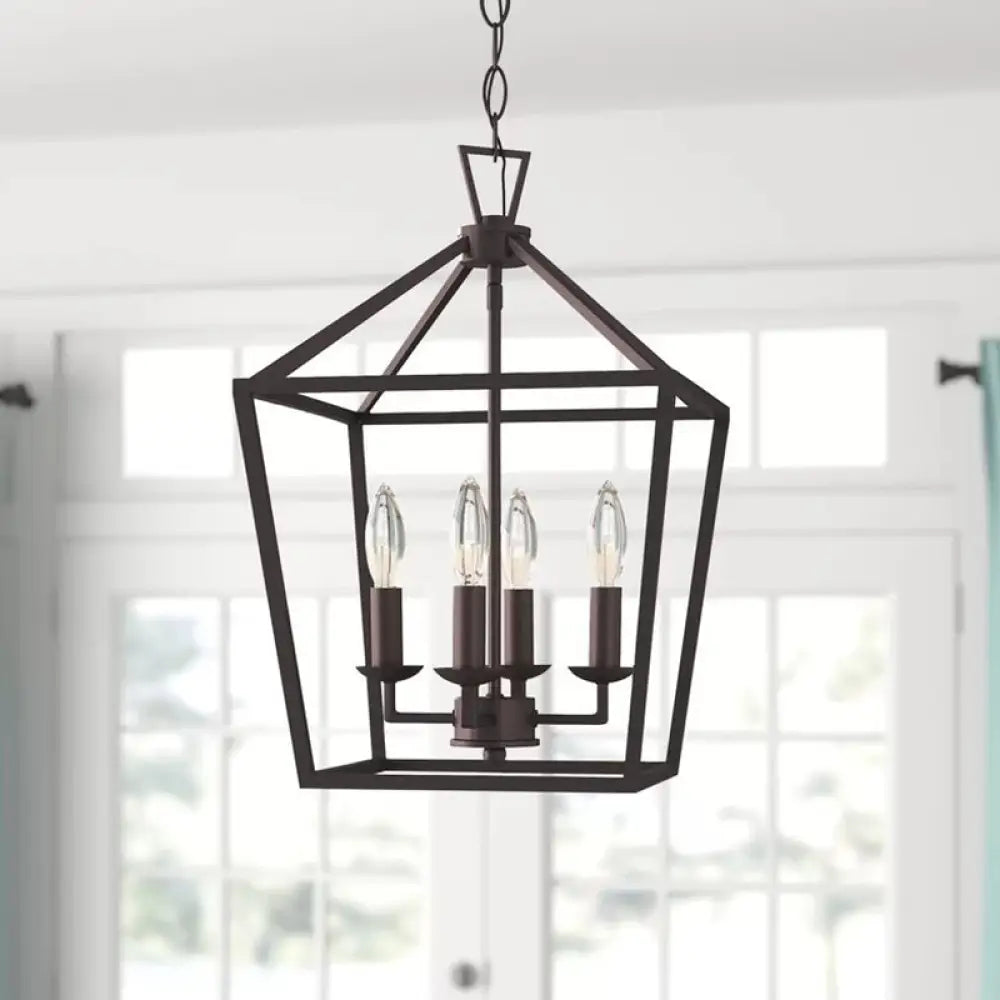 Vintage Iron Trapezoid Pendant Light Fixture - 4 Bulbs Black Kitchen Ceiling Chandelier