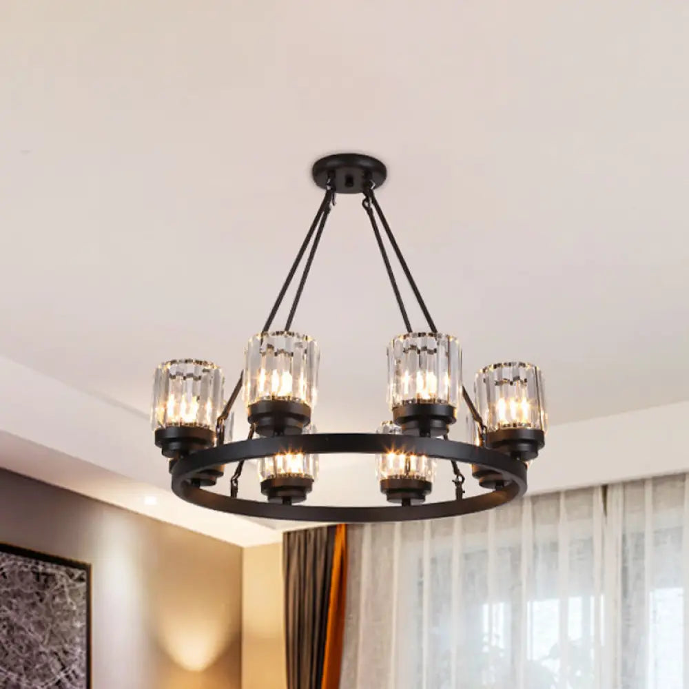 Vintage Iron Wagon Wheel Chandelier - Black 8-Head Pendant With Crystal Cylinder Shade Living Room