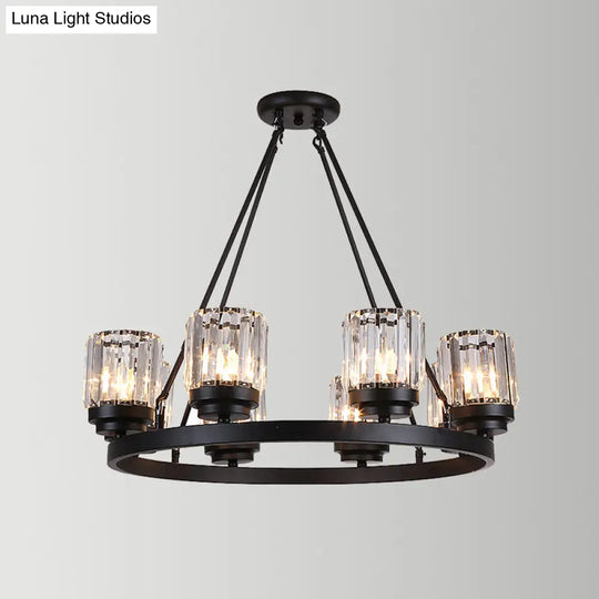 Vintage Iron Wagon Wheel Chandelier - Black 8-Head Pendant With Crystal Cylinder Shade Living Room