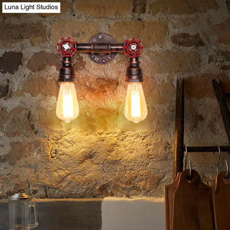 Vintage Iron Wall Mounted Lamp With Exposed Bulb And Valve Decor