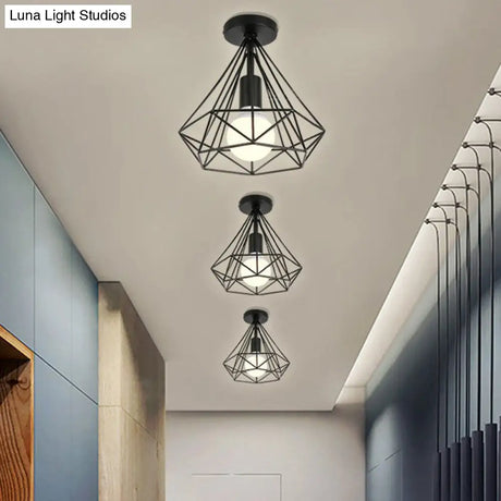 Vintage Iron Wire Geometric Flush Mount Single-Bulb Ceiling Fixture For Aisle Lighting