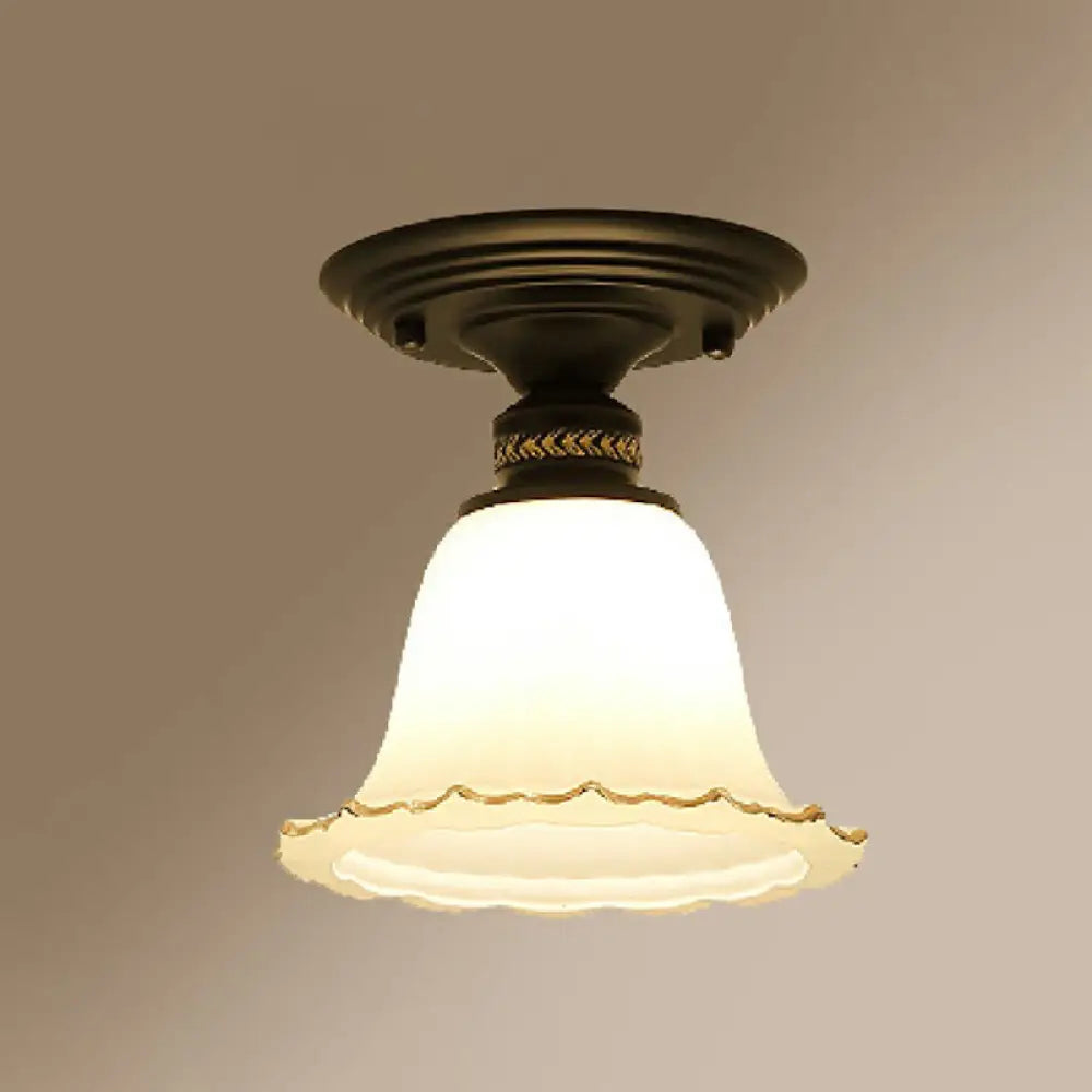 Vintage Ivory Glass Flared Ceiling Light With 1 Bulb - Semi Mount Black Fixture