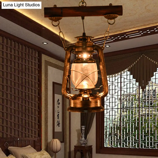 Vintage Kerosene Antique Bronze Ceiling Pendant Light For Coffee Shop - 1-Light Clear Glass Hanging
