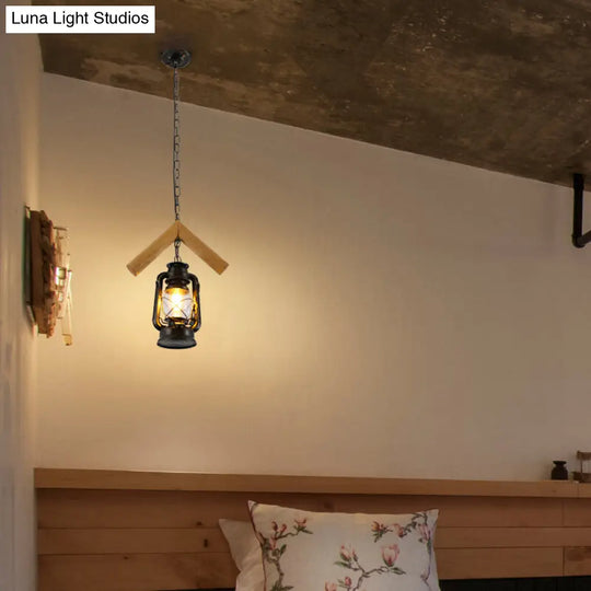 Vintage Clear Glass Pendant Lamp - Kerosene Restaurant Style 1 Head Black Hanging Ceiling Light With