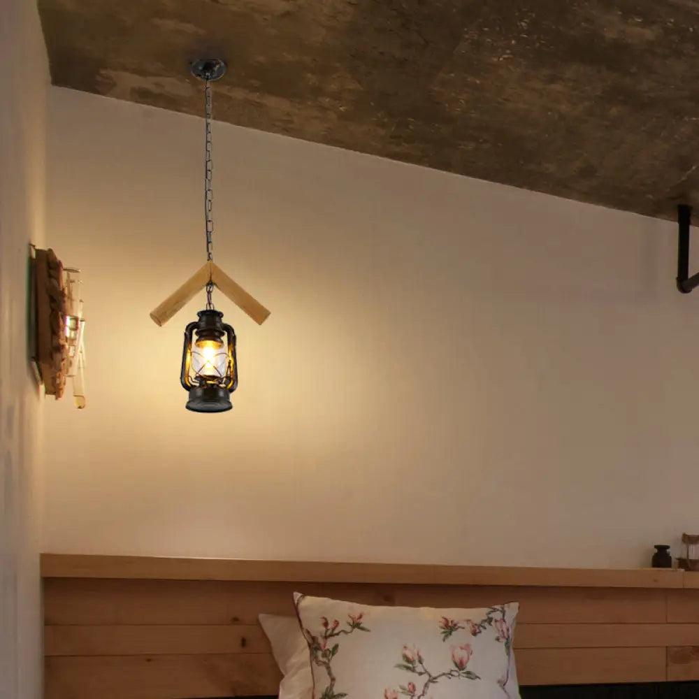 Vintage Kerosene Pendant Lamp With Clear Glass Black Hanging Ceiling Light And Wood Frame - 1 Head