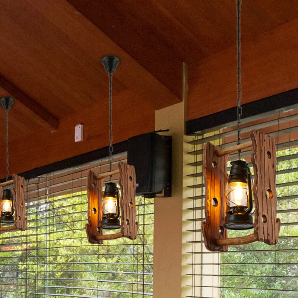 Vintage Kerosene Pendant Lamp With Clear Glass Black Hanging Ceiling Light And Wood Frame - 1 Head