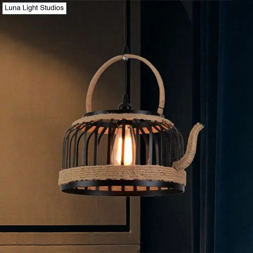 Vintage Kettle Cage Pendant Light - Metal & Rope Hanging Lamp In Beige Ideal For Restaurants