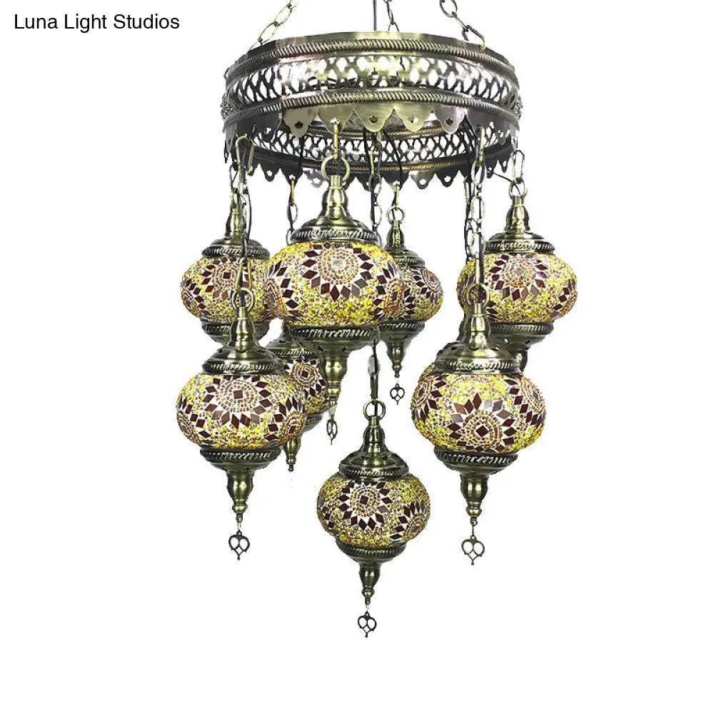 Vintage Lantern Chandelier Lamp - White/Gold/Coffee Glass 9-Head Pendant Lighting Fixture