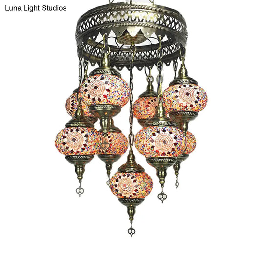 Vintage Lantern Chandelier Lamp - White/Gold/Coffee Glass 9-Head Pendant Lighting Fixture