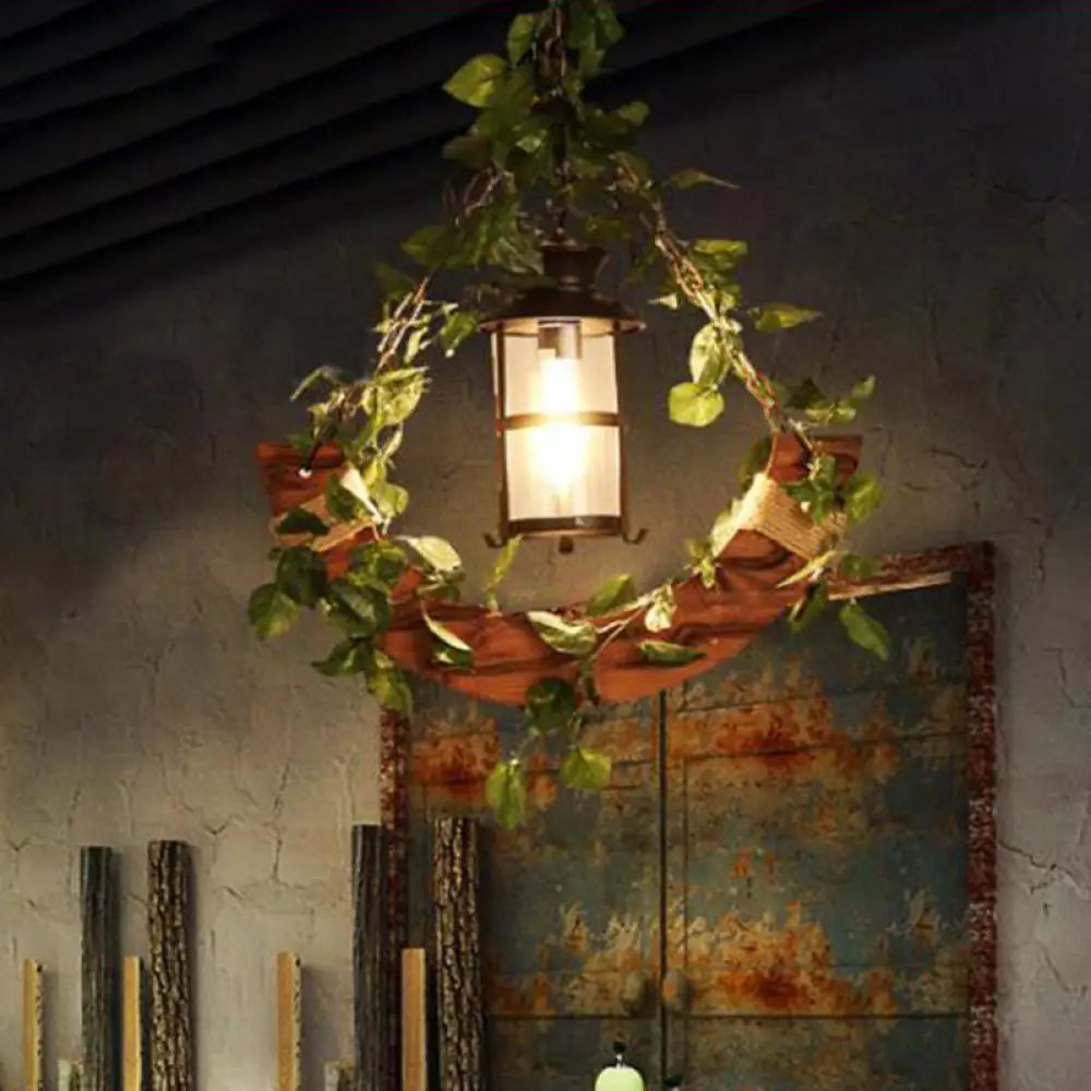 Vintage Lantern Metal Led Pendant Light In Pink/Green With Plant/Cherry Blossom For Restaurant Green