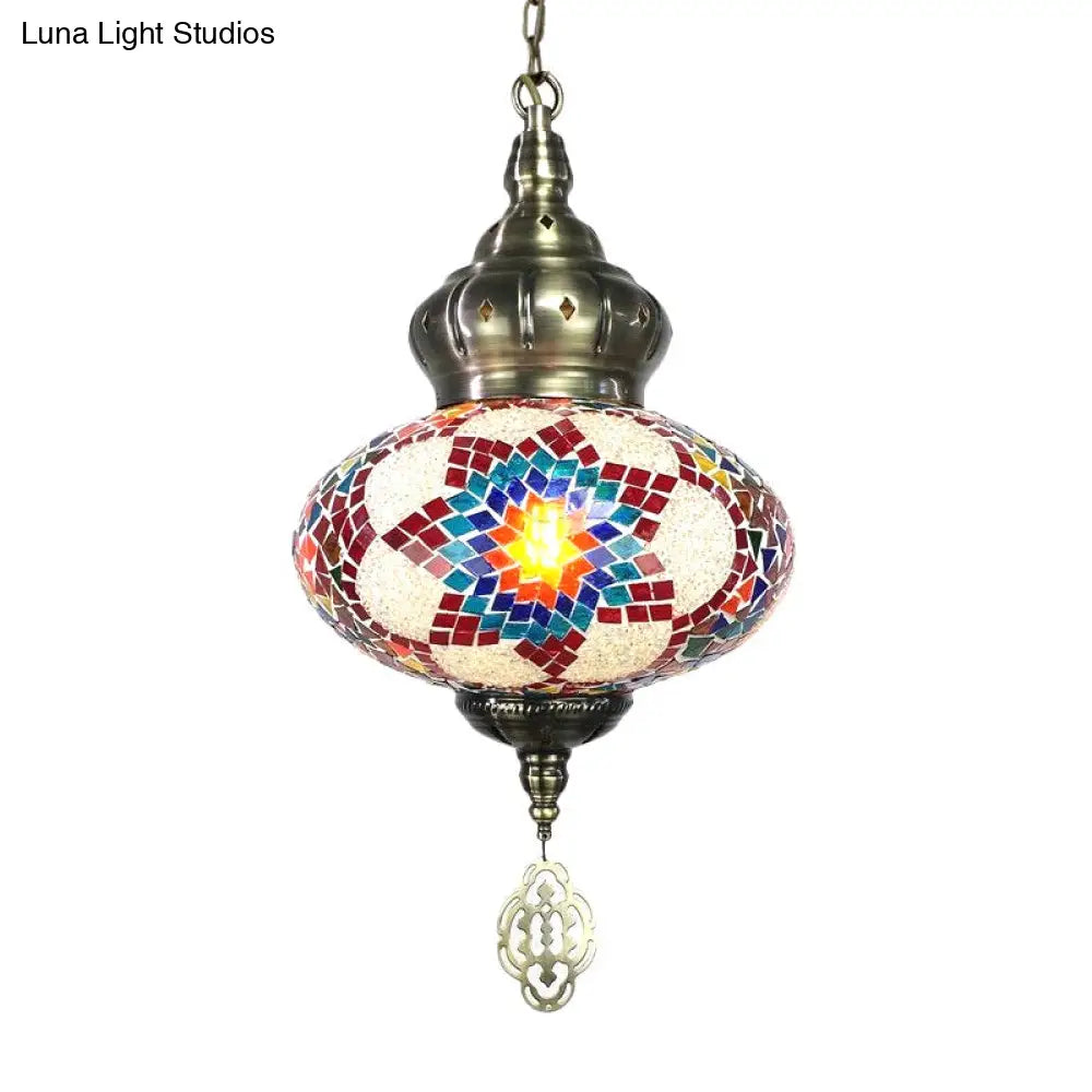 Vintage Lantern Pendant Light With Carved Metal Drop - Red/Blue/Rose Glass 1/3 Heads