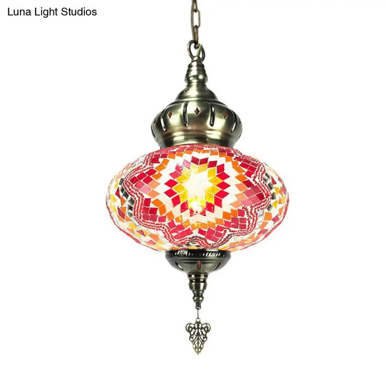 Vintage Lantern Pendant Light With Carved Metal Drop - Red/Blue/Rose Glass 1/3 Heads