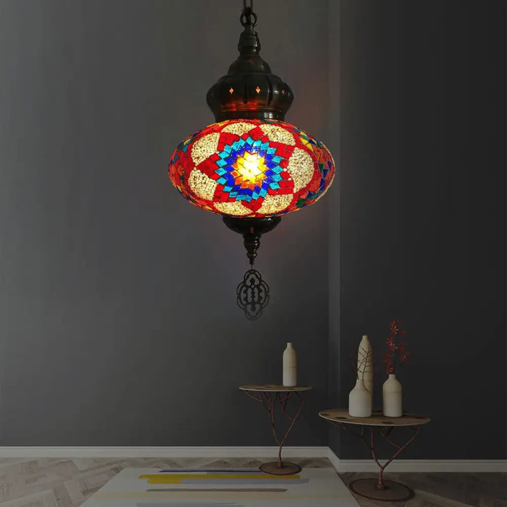 Vintage Lantern Pendant Light With Carved Metal Drop - Red/Blue/Rose Glass 1/3 Heads Rose Red / 1