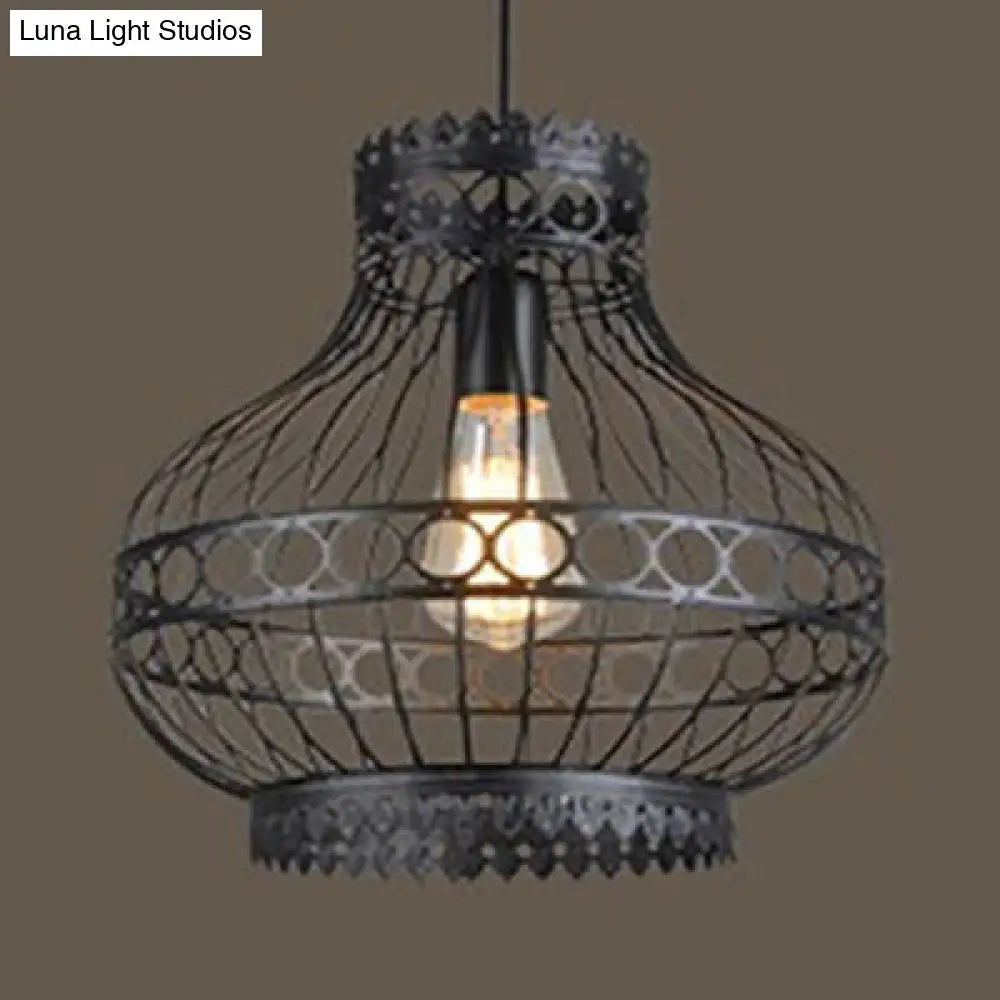 Vintage Lantern Pendant Light With Wire Net Shade - Adjustable Cord Black / C