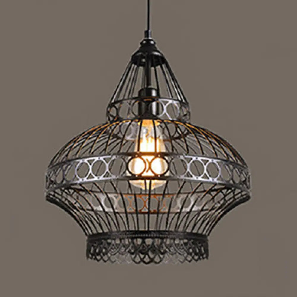 Vintage Lantern Pendant Light With Wire Net Shade - Black Adjustable Cord / B