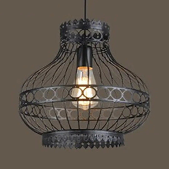 Vintage Lantern Pendant Light With Wire Net Shade - Black Adjustable Cord / C