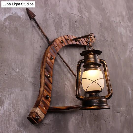 Vintage Lantern Wall Lamp: 1-Light Opal Glass Sconce In Bronze With Wood Bow And Arrow Deco