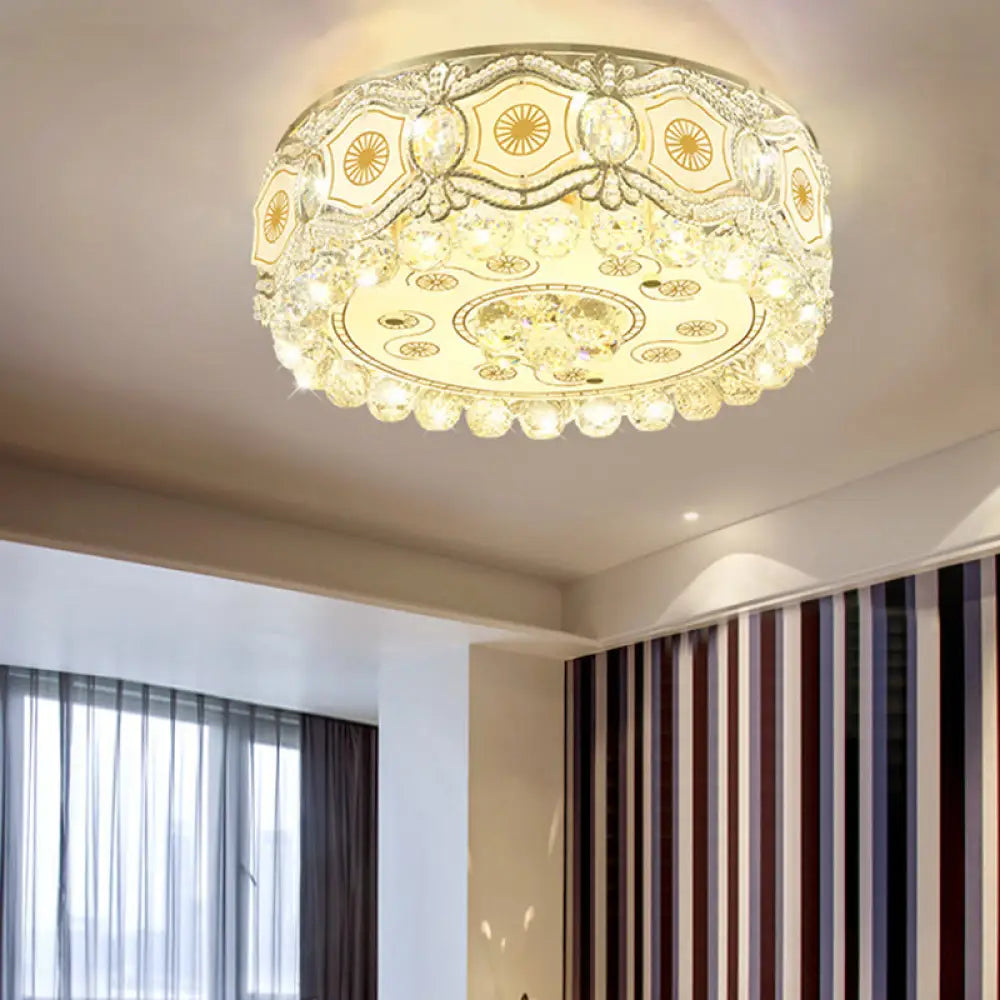 Vintage Led Flush Mount Ceiling Lamp With Etched Design Clear Crystal Accents And White Glass