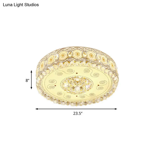 Vintage Led Flush Mount Ceiling Lamp With Etched Design Clear Crystal Accents And White Glass Circle