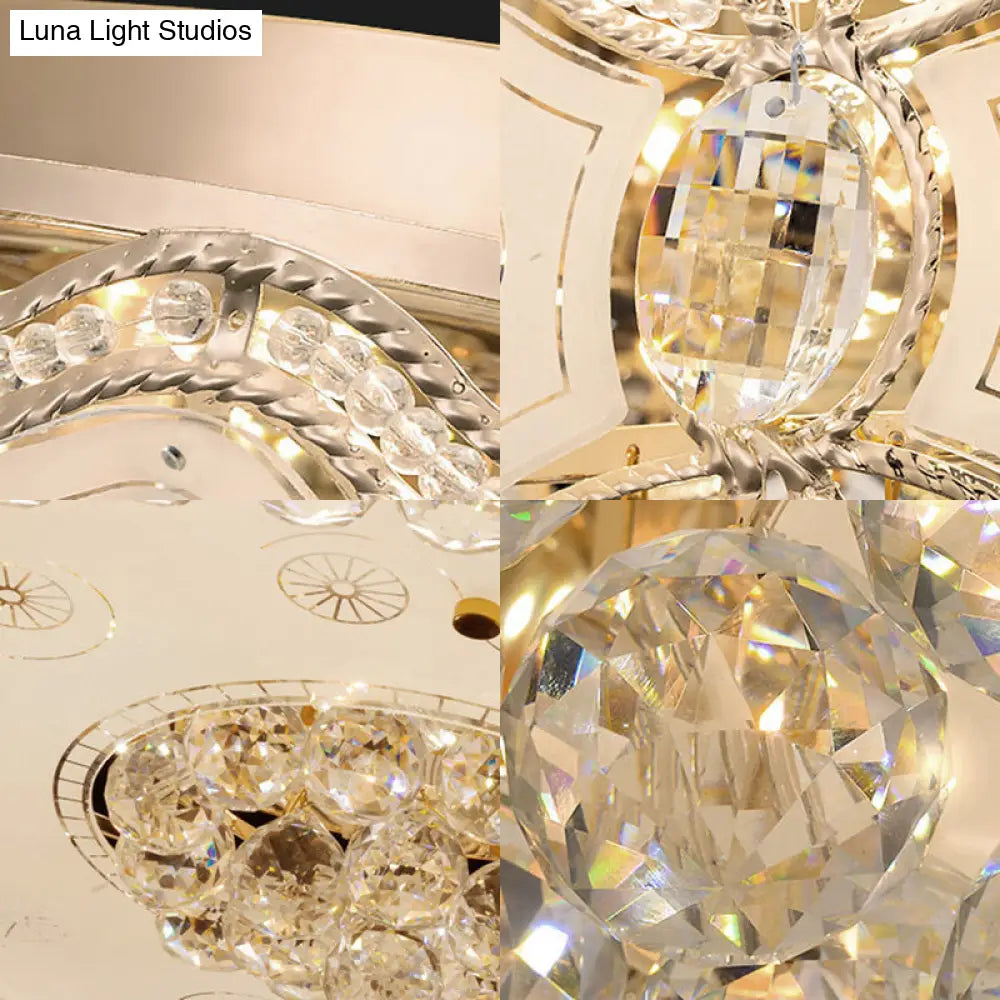 Vintage Led Flush Mount Ceiling Lamp With Etched Design Clear Crystal Accents And White Glass Circle