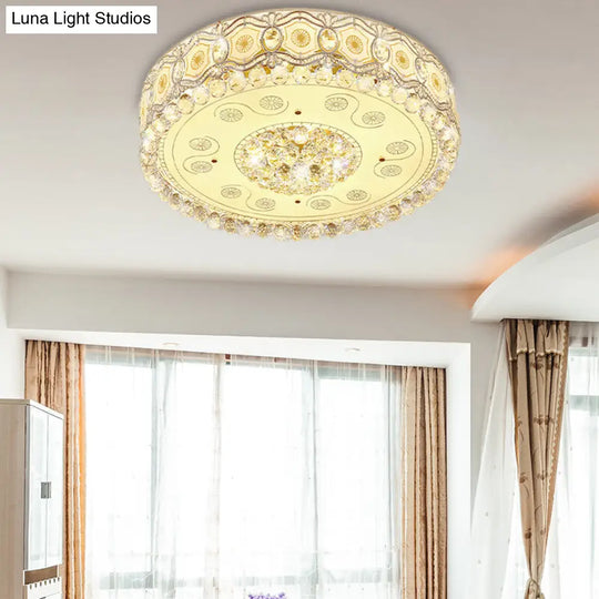 Vintage Led Flush Mount Ceiling Lamp With Etched Design Clear Crystal Accents And White Glass Circle