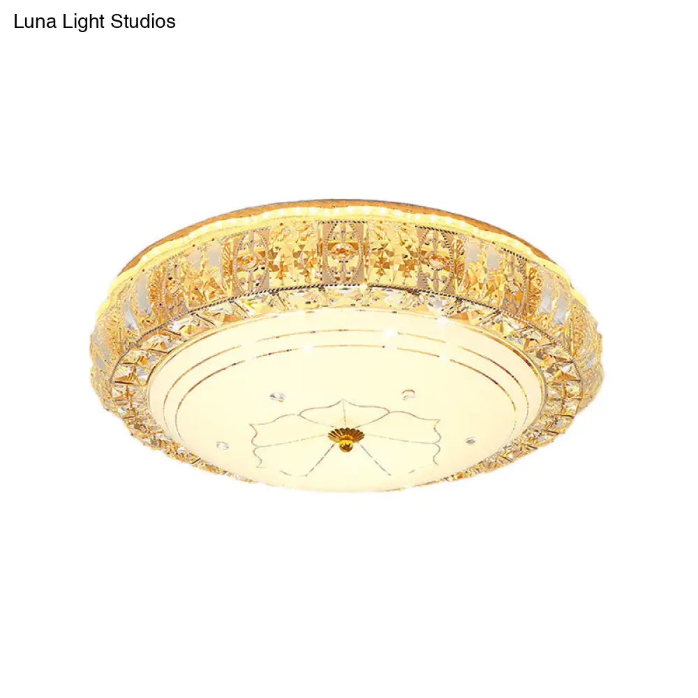 Vintage Led Flush Mount Ceiling Light With Clear K9 Crystal And Flower Patterned Diffuser