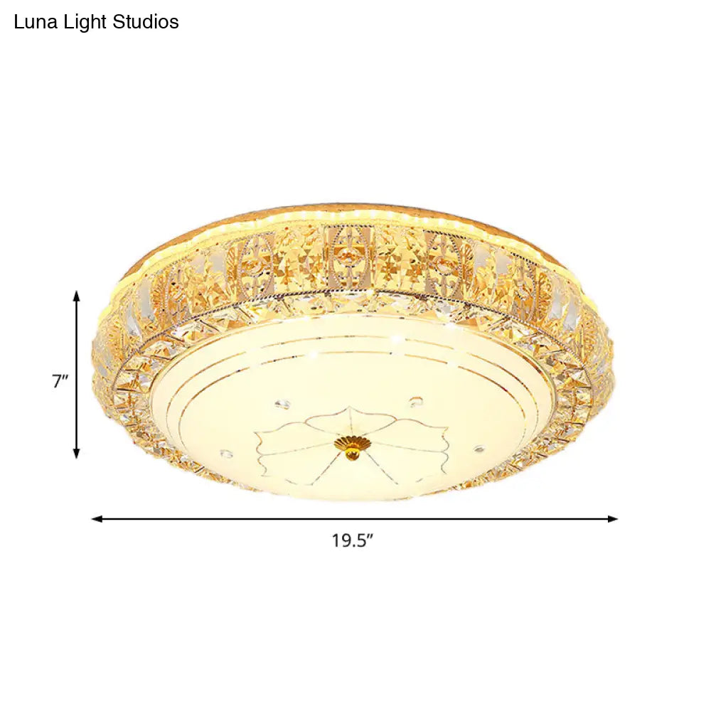 Vintage Led Flush Mount Ceiling Light With Clear K9 Crystal And Flower Patterned Diffuser