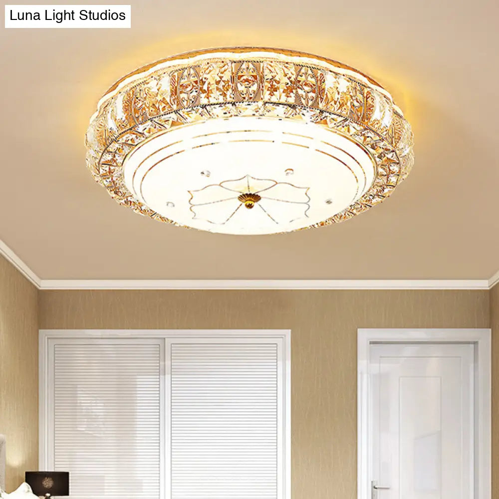 Vintage Led Flush Mount Ceiling Light With Clear K9 Crystal And Flower Patterned Diffuser