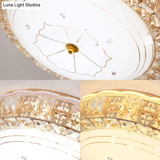 Vintage Led Flush Mount Ceiling Light With Clear K9 Crystal And Flower Patterned Diffuser