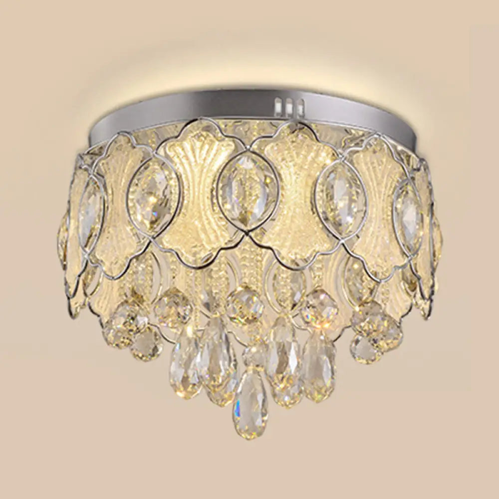 Vintage Led Flush Mount Crystal Ceiling Light For Restaurants - Nickel Drum Design