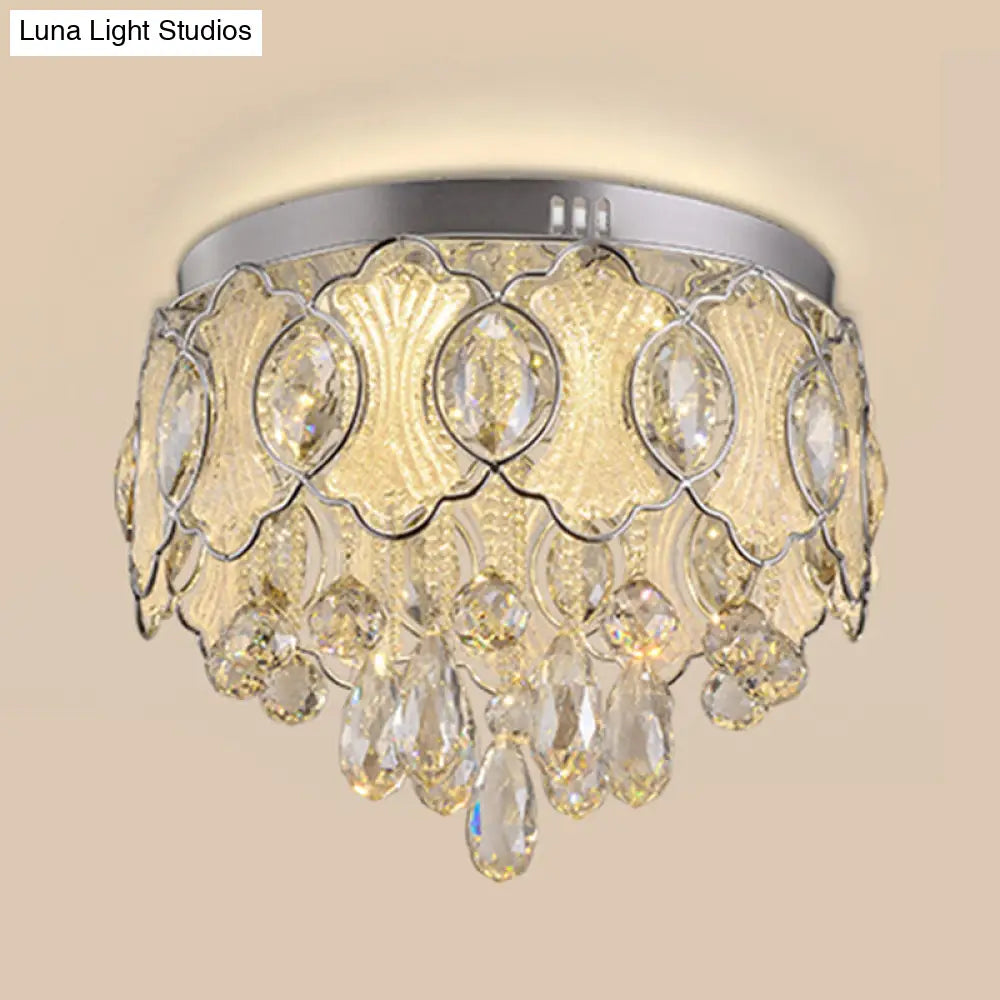 Vintage Led Flush Mount Crystal Ceiling Light For Restaurants - Nickel Drum Design