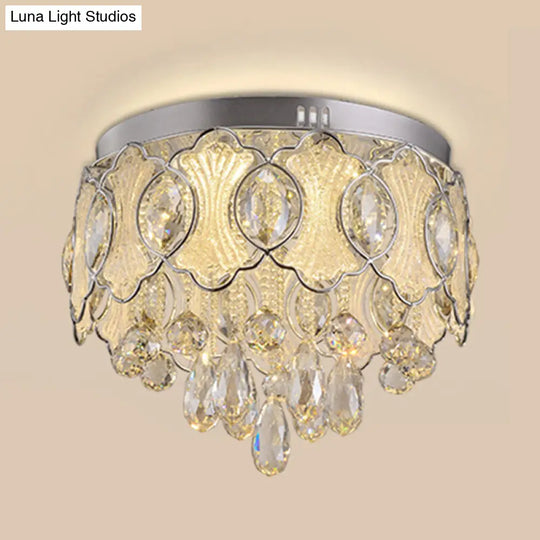 Vintage Led Flush Mount Crystal Ceiling Light For Restaurants - Nickel Drum Design