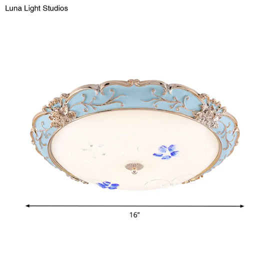 Vintage Led Flush Mount Light With Floral Shade And Opaque Glass - 13’/16’/19.5’ Wide Blue