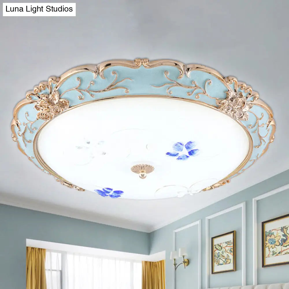 Vintage Led Flush Mount Light With Floral Shade And Opaque Glass - 13/16/19.5 Wide Blue Color