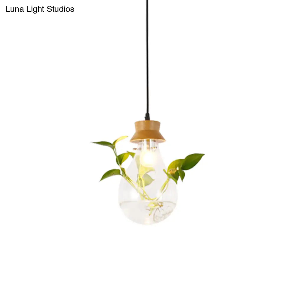 Vintage Led Pendant Lamp: Wooden Hanging Plant Light For Restaurants