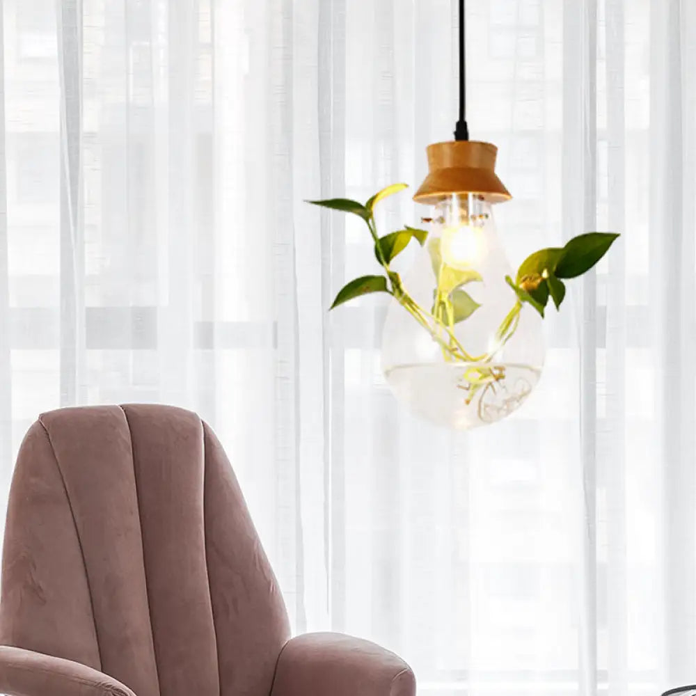Vintage Led Pendant Lamp: Wooden Hanging Plant Light For Restaurants Black