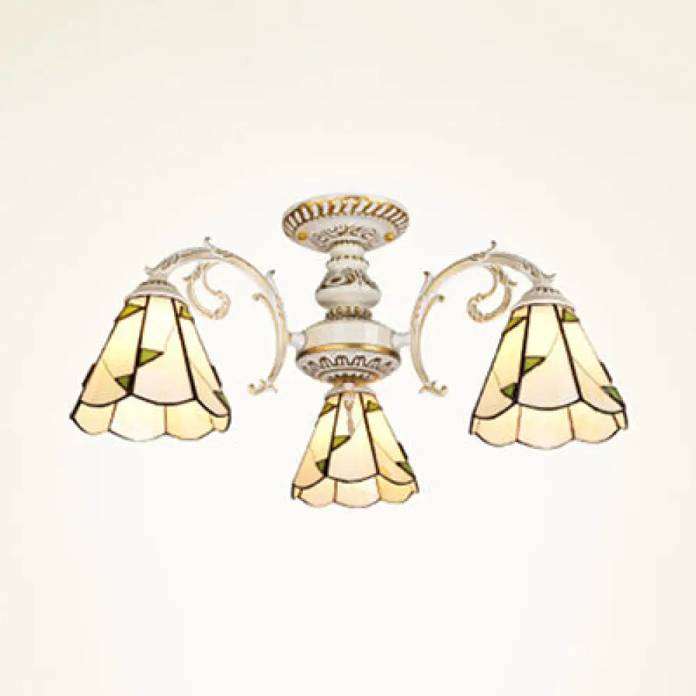 Vintage Lodge Stained Glass Semi Flush Ceiling Light In White/Antique Brass With Conical Design -