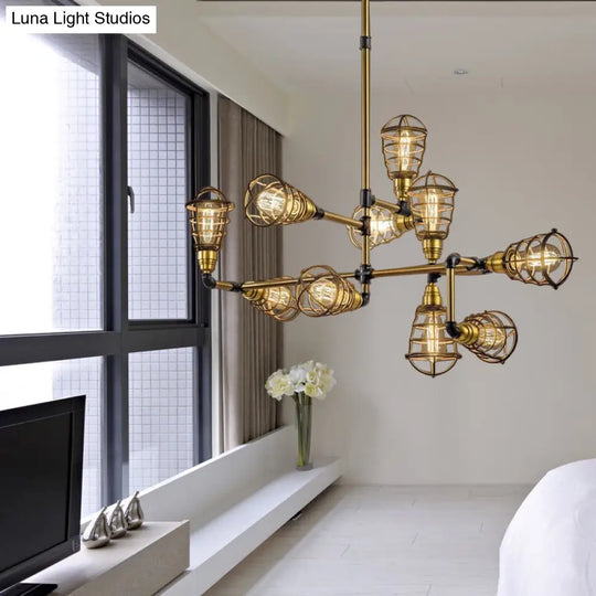 Vintage Loft Brushed Brass Caged Chandelier Pendant Lamp With Multi Light Bulbs