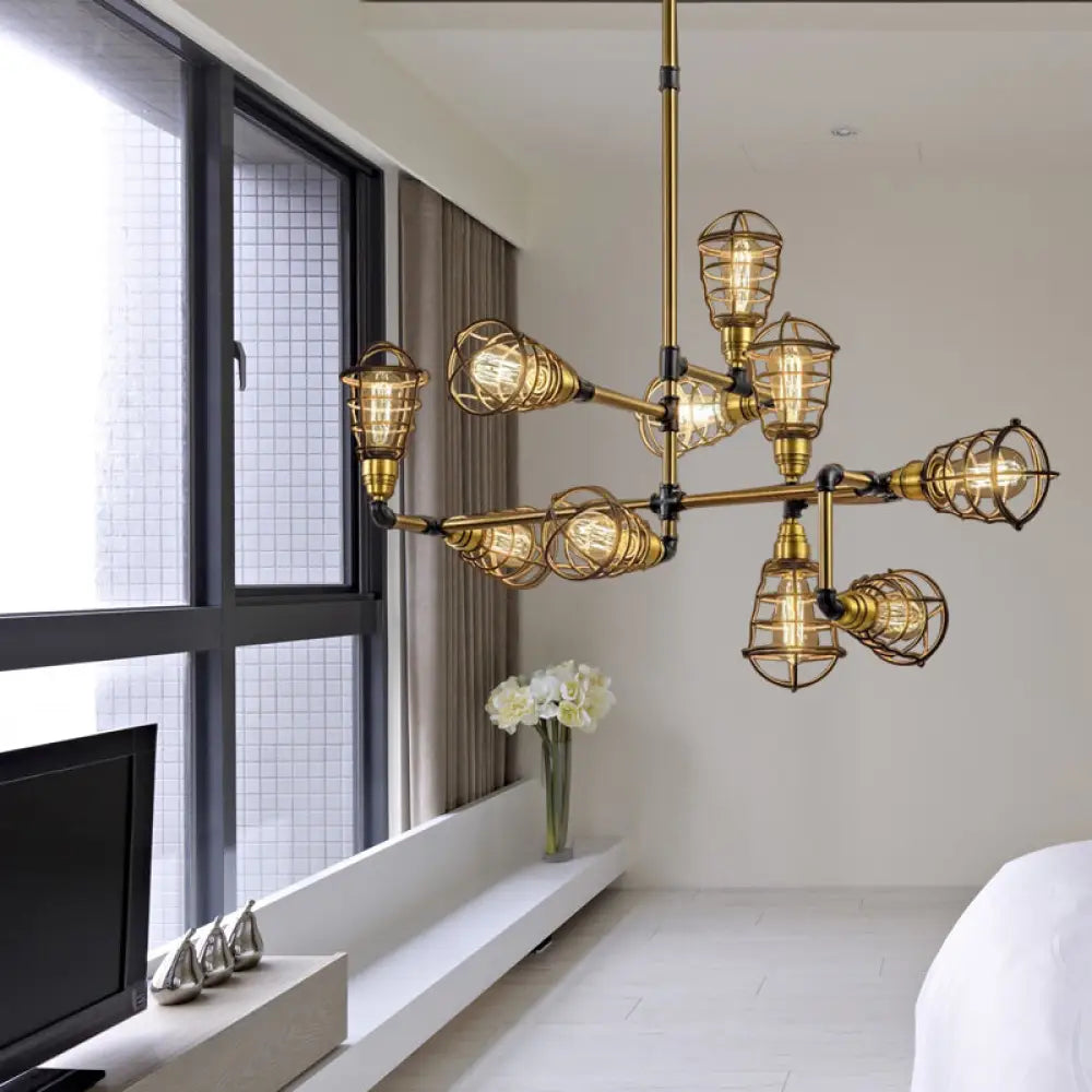 Vintage Loft Brushed Brass Metallic Pendant Lamp With Multi Light Caged Chandelier Design