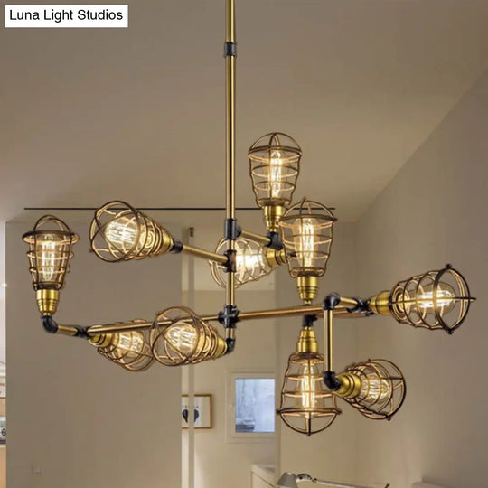 Vintage Loft Brushed Brass Caged Chandelier Pendant Lamp With Multi Light Bulbs