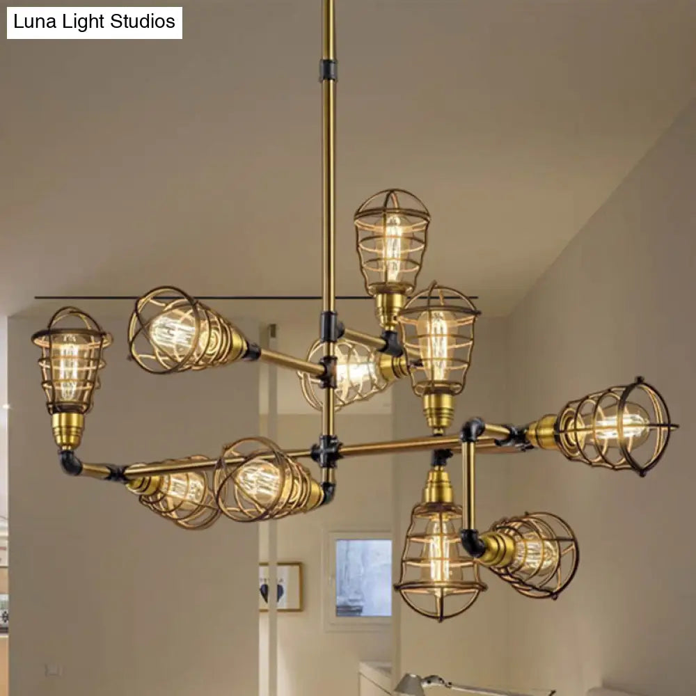 Vintage Loft Brushed Brass Metallic Pendant Lamp With Multi Light Caged Chandelier Design