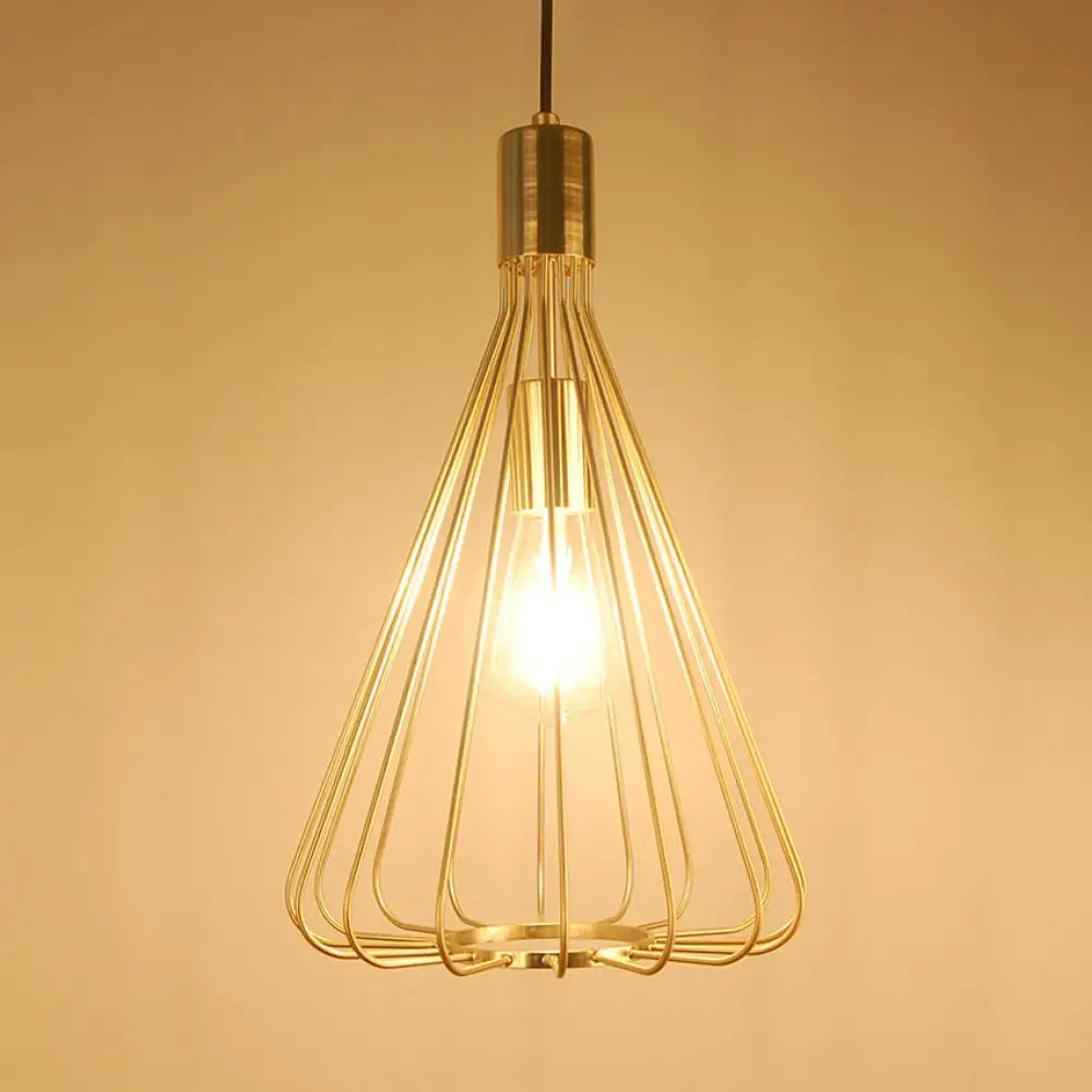 Vintage Loft Metallic Pendant Lamp - Conical Hanging Light With Cage Shade Polished Brass/Copper