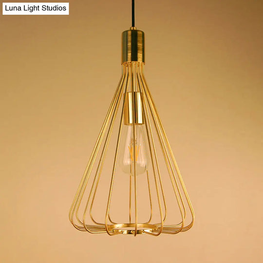 Vintage Loft Hanging Pendant Light With Cage Shade For Kitchen - Polished Brass/Copper Metallic