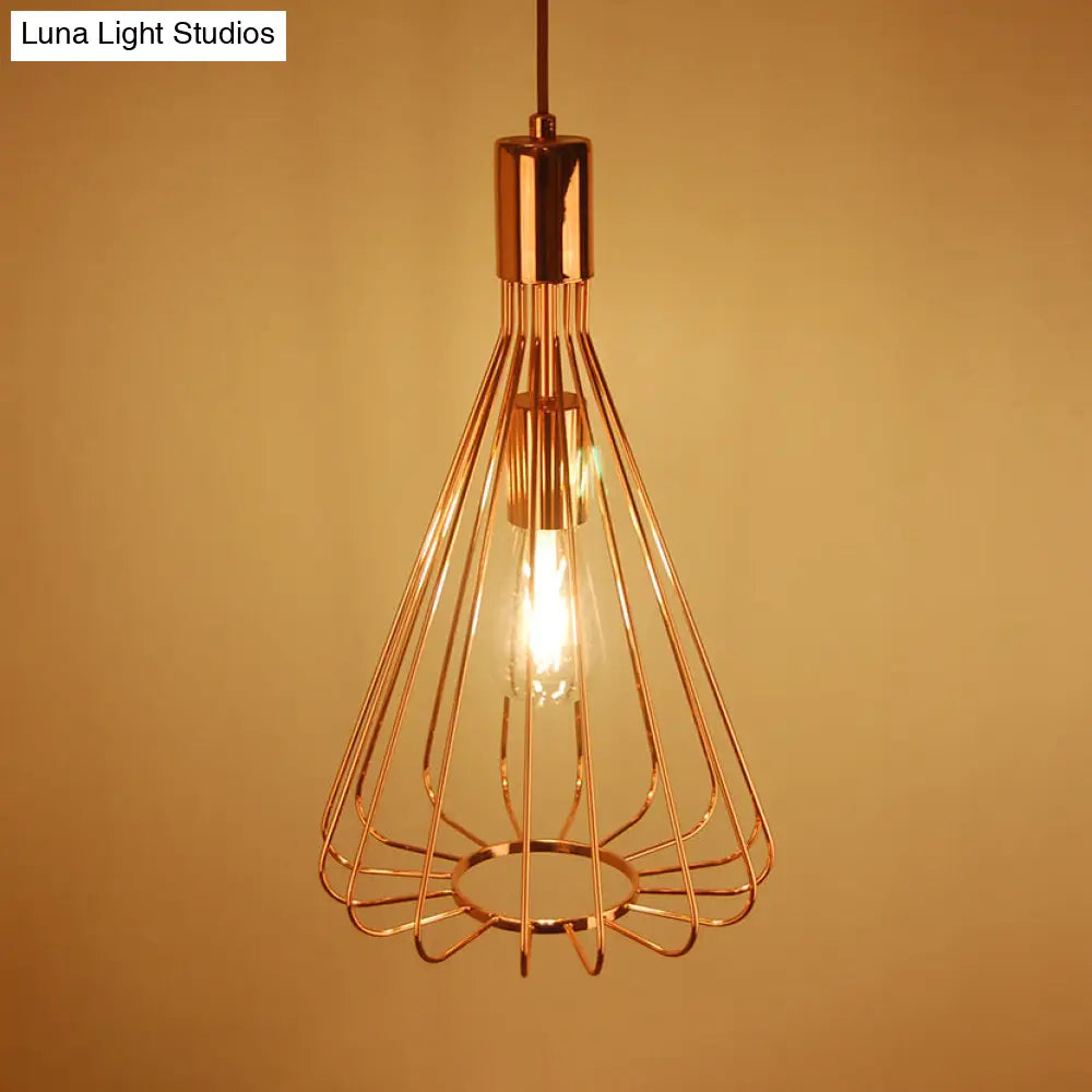 Vintage Loft Hanging Pendant Light With Cage Shade For Kitchen - Polished Brass/Copper Metallic