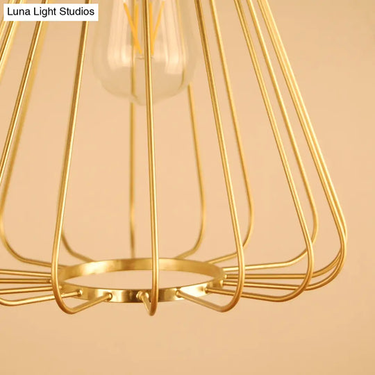 Vintage Loft Metallic Pendant Lamp - Conical Hanging Light With Cage Shade Polished Brass/Copper