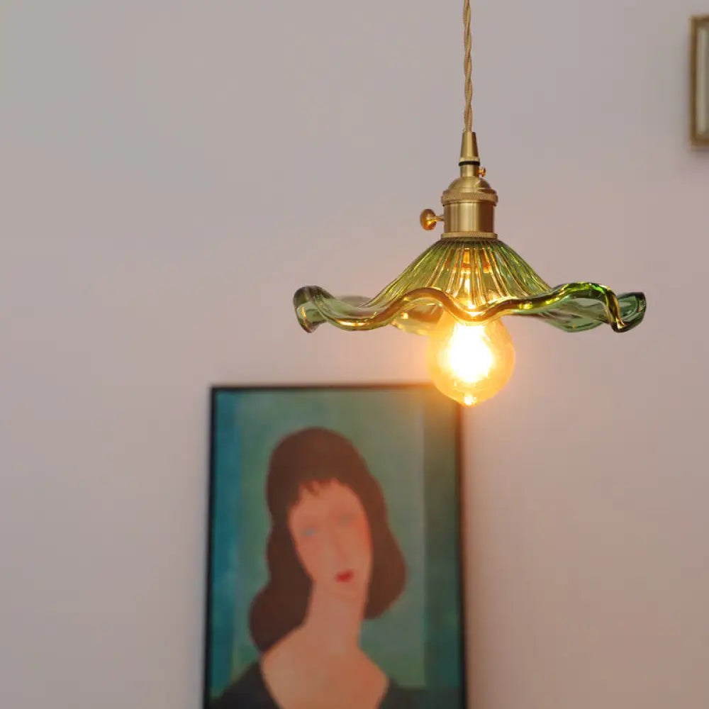 Vintage Lotus Leaf Green Glass Suspension Pendant Ceiling Light - 1-Light Corridor Lighting