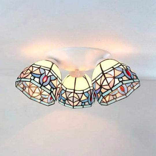 Vintage Magnolia Stained Glass 3-Head Ceiling Fixture In White Flush Mount /