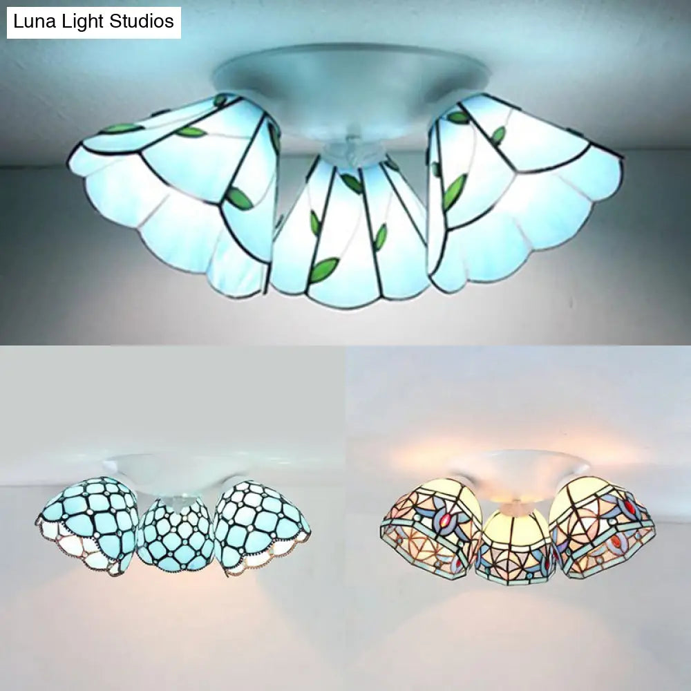 Vintage Magnolia Stained Glass 3-Head Ceiling Fixture In White Flush Mount